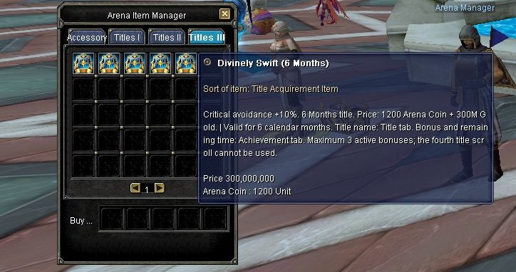 Arena Item Manager: title effects, duration and purchase requirements.