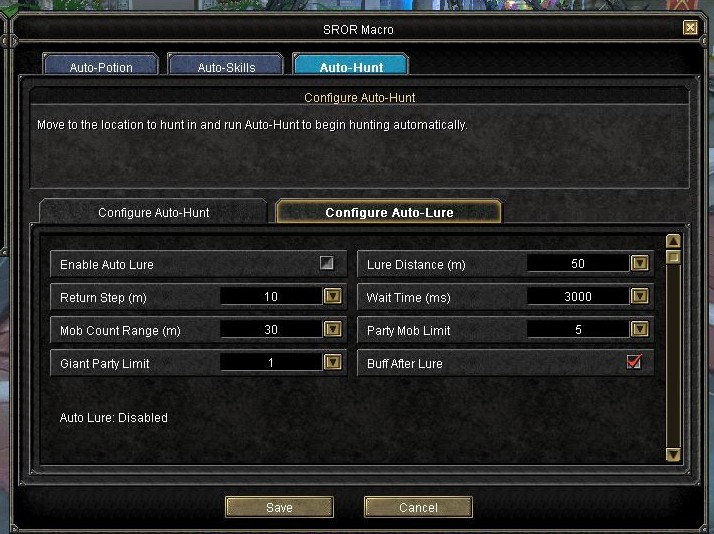 Auto-Lure: configure pulling distance, timing and monster limits.