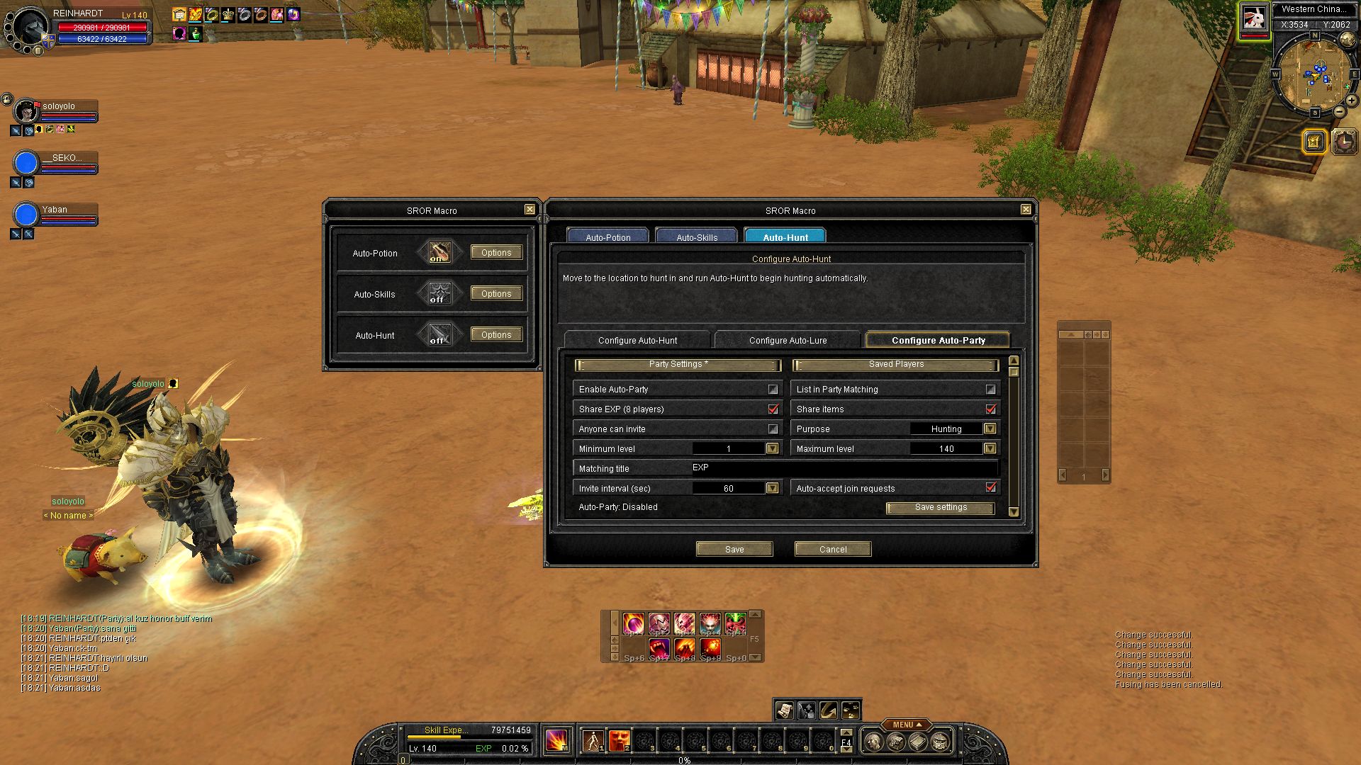 Party Settings: sharing rules, Party Matching options, level limits and automatic join-request acceptance.