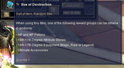 Box of Destruction: potion, stone, equipment and accessory reward groups.
