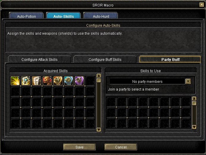Party Buff: choose a party member and configure supporting skills.