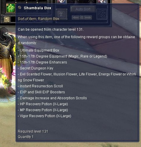 Shambala Box: equipment, consumables and recovery potions.