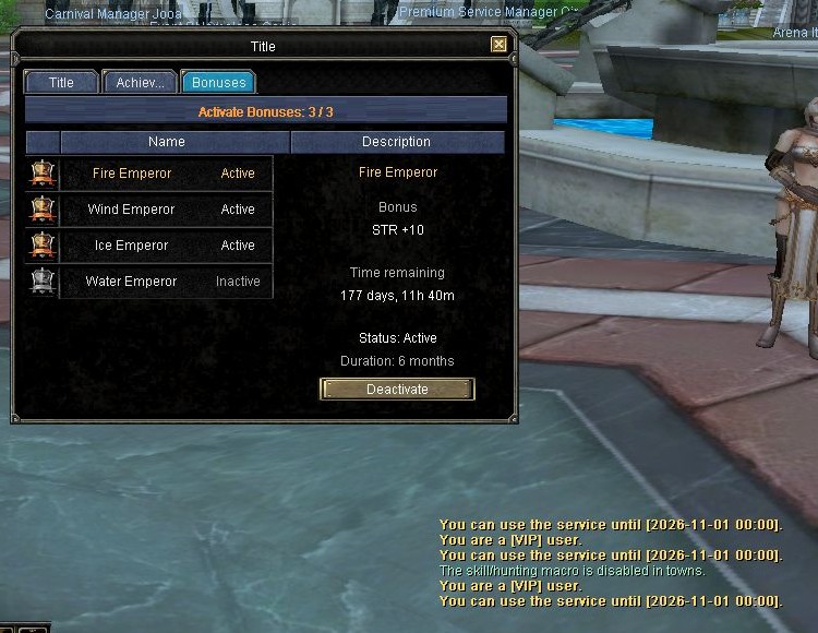 Manage up to three active title bonuses and check their remaining duration.